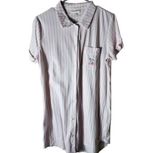 LAURA ASHLEY Pink Striped Cherry Accent Button Up Sleep Shirt SZ M